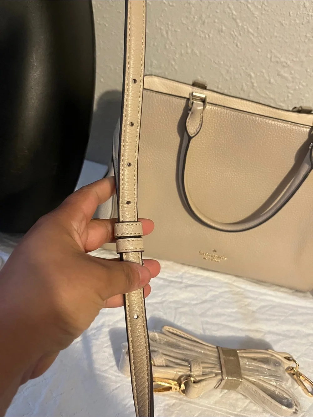 kate spade Neutral Beige Pebbled Leather Satchel with Detachable Strap